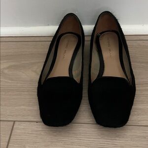 Black real hair, leather upper flat shoes. Mint condition.